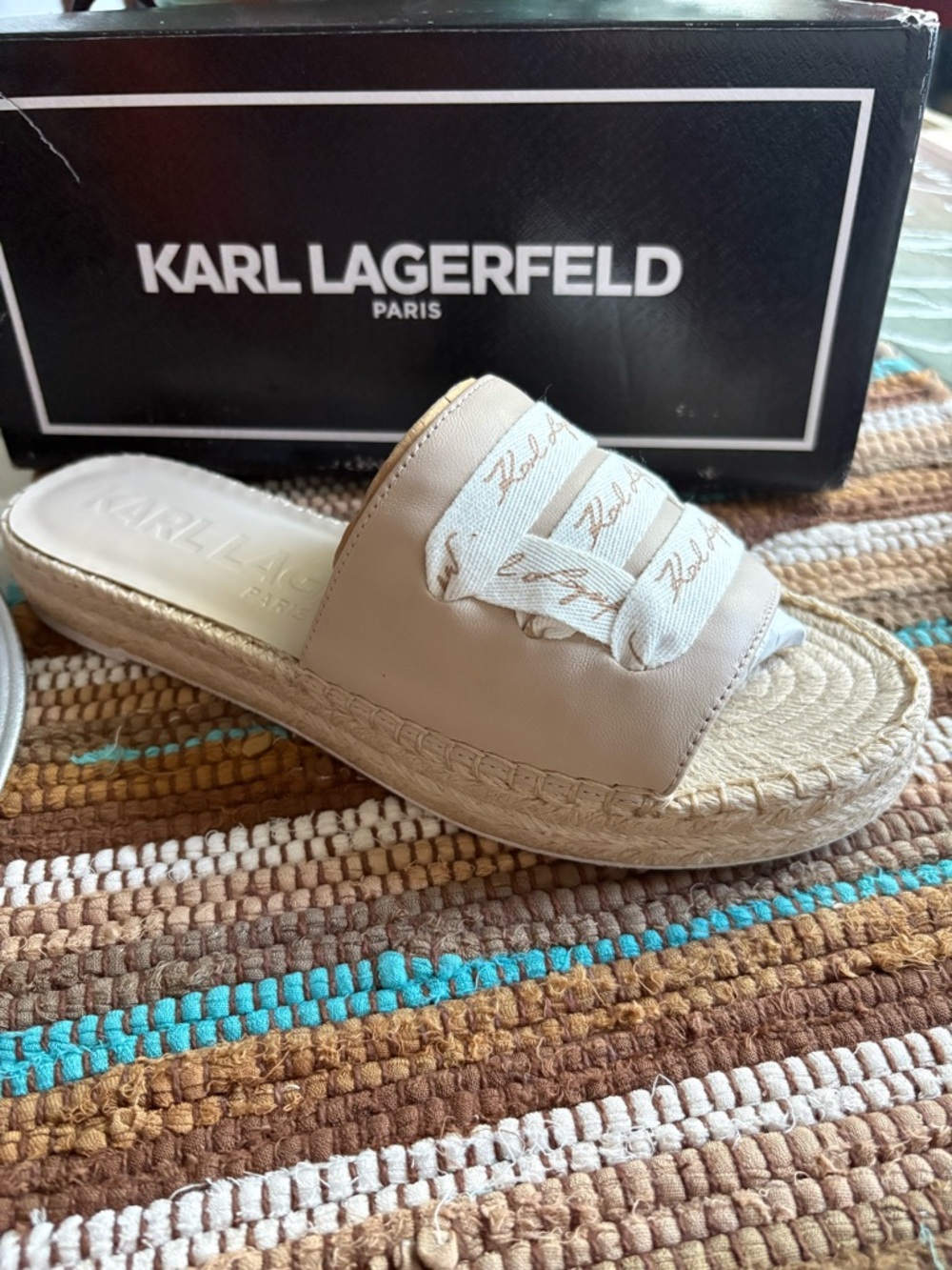Karl Lagerfeld Neutral Beige Espadrille Slide with Logo Ribbon NWT